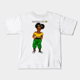 Jamaican girl 2 with colours of Jamaican flag in black green and gold inside a heart shape Kids T-Shirt